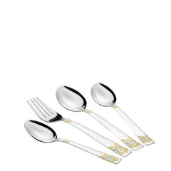 Isolated cutlery set with reflective silver heads and geometric gold detailing on handles, against white background.