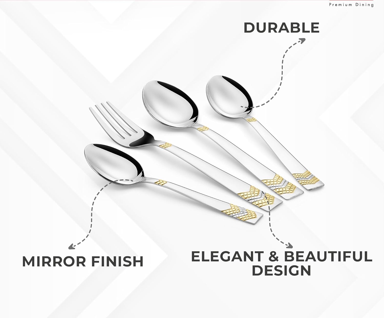 Cutlery set with text pointing to mirror finish, elegant design, and durable stainless steel construction.