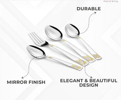 Cutlery set with text pointing to mirror finish, elegant design, and durable stainless steel construction.