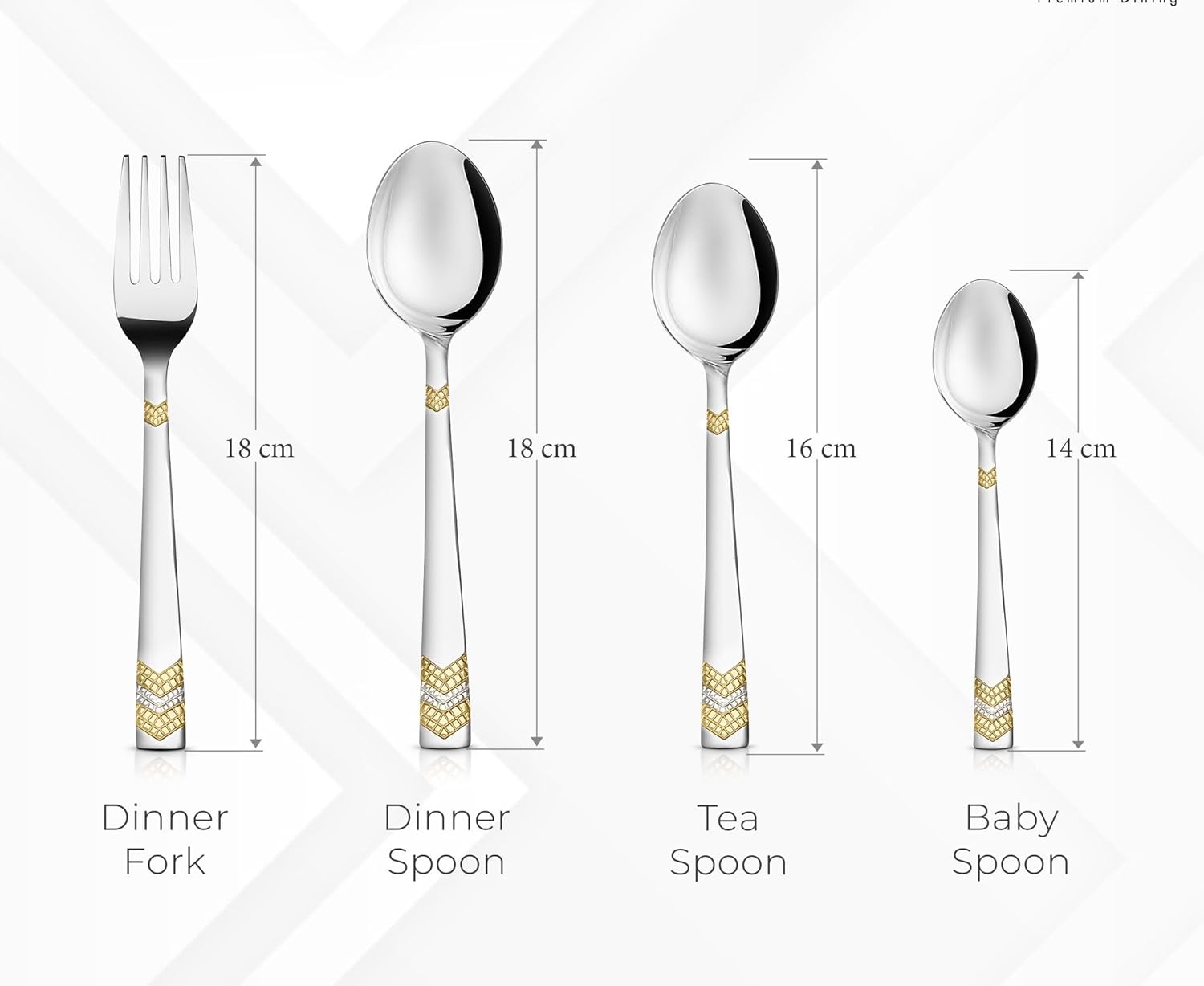 Four cutlery pieces—fork, dinner spoon, tea spoon, baby spoon—labeled with individual height measurements.