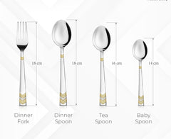 Four cutlery pieces—fork, dinner spoon, tea spoon, baby spoon—labeled with individual height measurements.
