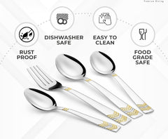 Silver and gold-accented cutlery set including fork and spoons, labeled rustproof, dishwasher safe, easy to clean, and food grade safe.