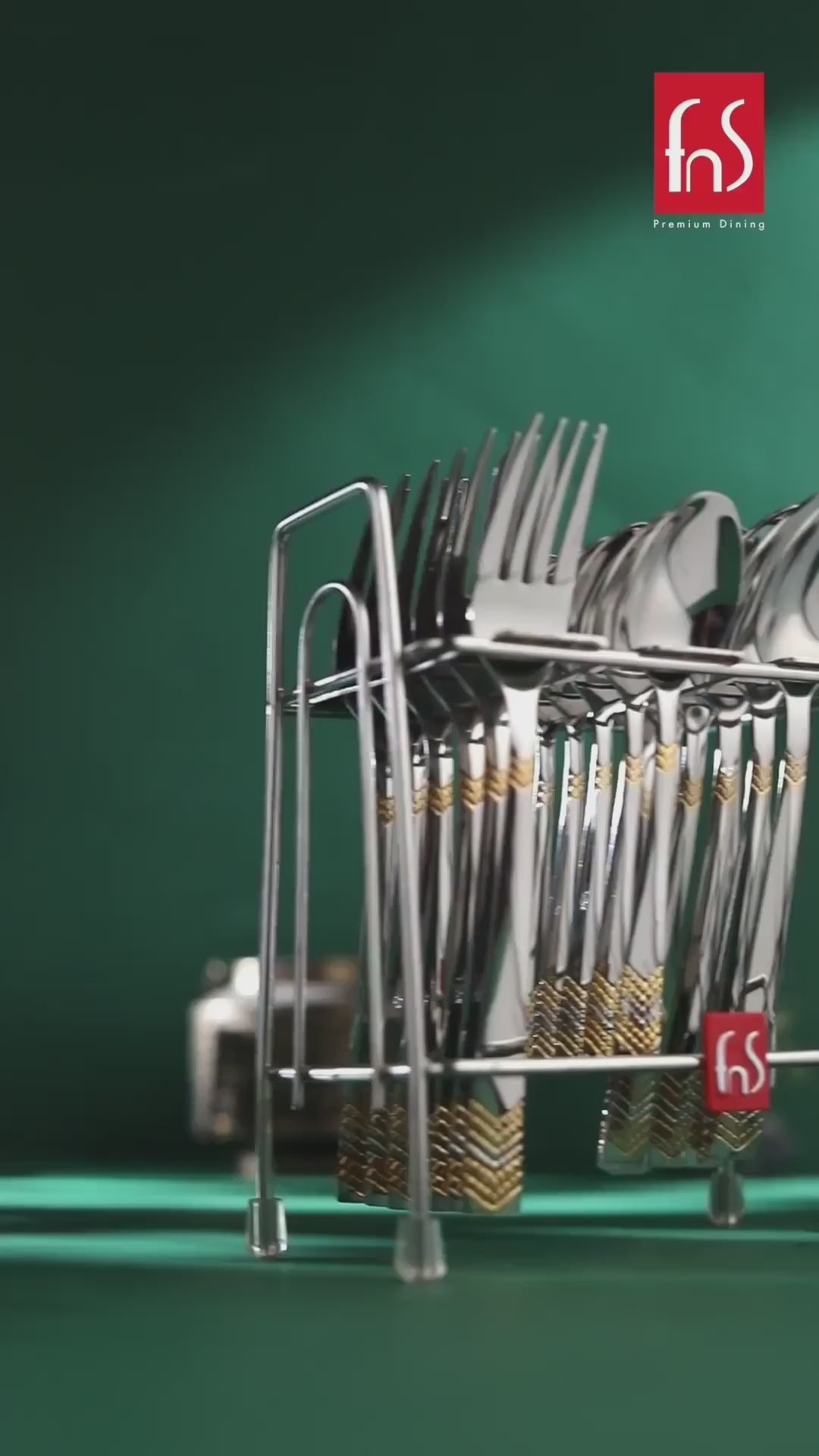 FnS RAGA 24 Karat Gold Plated 18 Pcs Cutlery Set with Hanging Stand (6 Pc Dinner Spoons, 6 Pc Dinner Fork & 6 Pc Teaspoon)