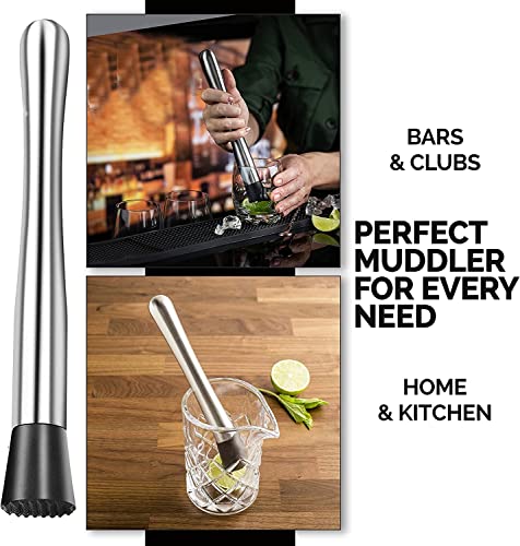 Professional cocktail muddler versatile uses collage showing bartender at work and home kitchen cocktail making for bars and clubs