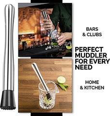 Professional cocktail muddler versatile uses collage showing bartender at work and home kitchen cocktail making for bars and clubs