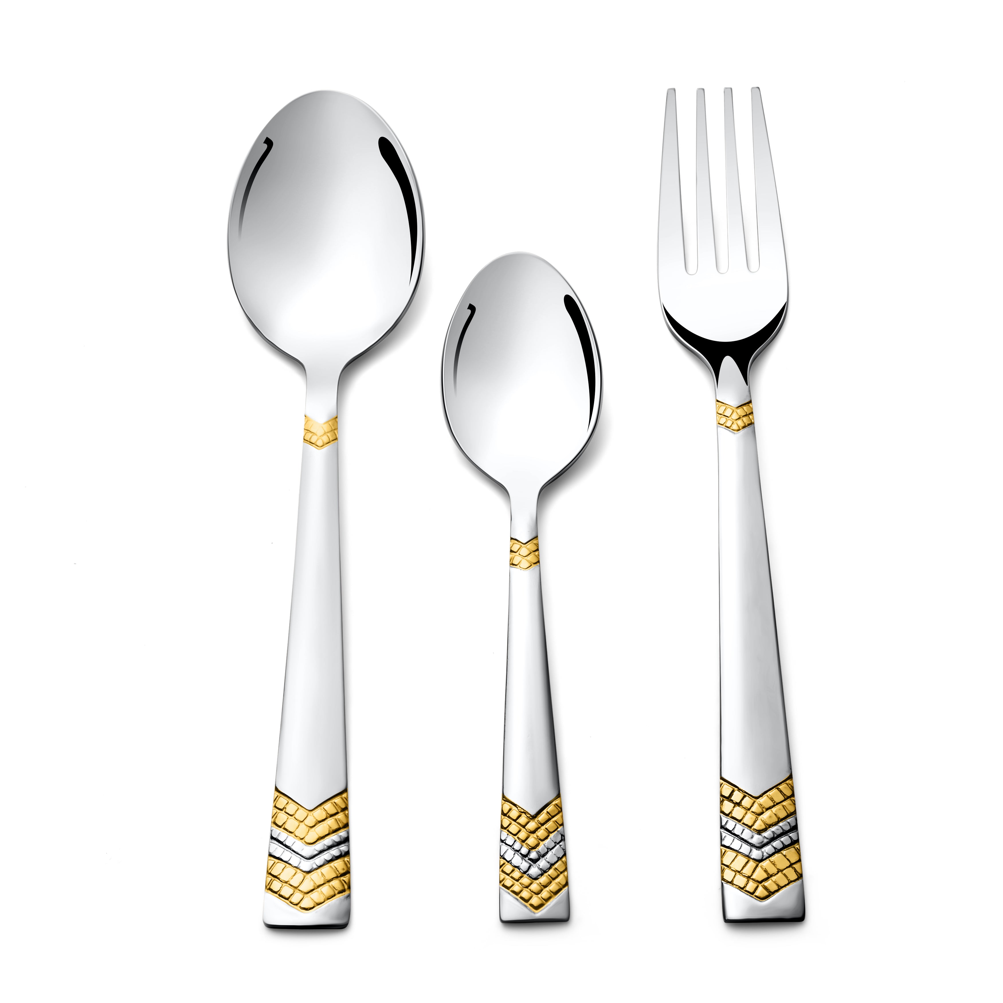 Top view of a fork and two spoons showcasing silver finish and textured gold handle accents.