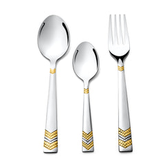 Top view of a fork and two spoons showcasing silver finish and textured gold handle accents.