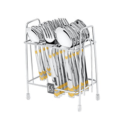 Complete stainless steel cutlery set with gold detailing neatly arranged in a silver metal stand.