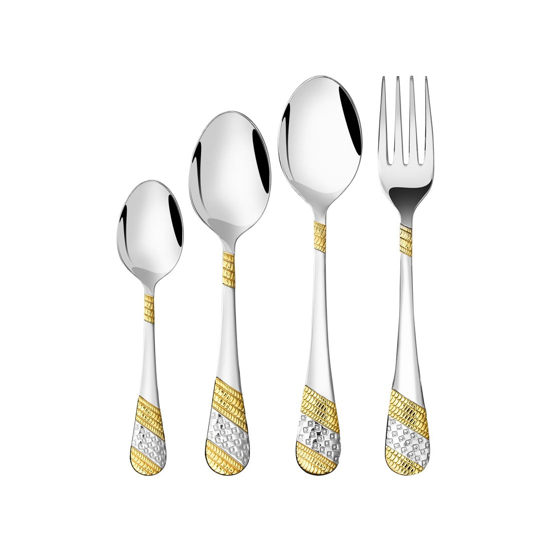 Close-up of spoon, fork, and teaspoons with textured silver and gold handles on white background.