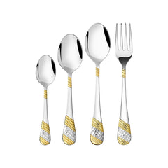 Close-up of spoon, fork, and teaspoons with textured silver and gold handles on white background.