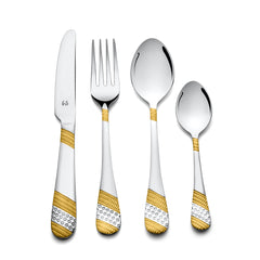 Elegant flatware with gold-accented handles arranged vertically, featuring knife, fork, spoon, and teaspoon.