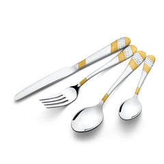 Four-piece cutlery set with gold and silver textured handles, displayed diagonally on white background.