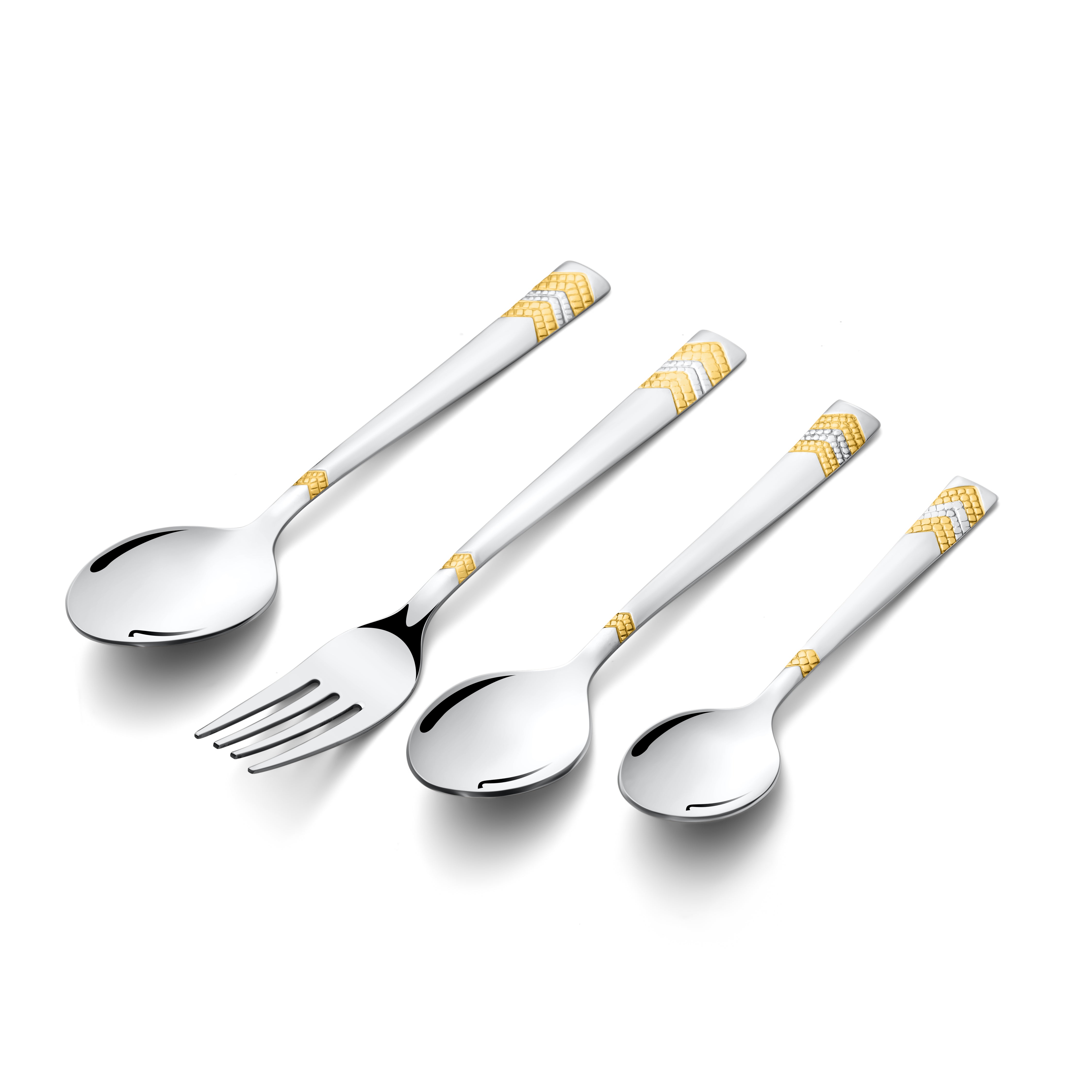 Spoon, fork, and two sizes of spoons with gold-accented handles laid diagonally on white.