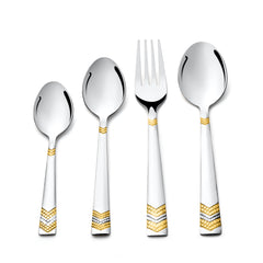 Four-piece cutlery set featuring golden-patterned handles displayed upright on a clean white background.