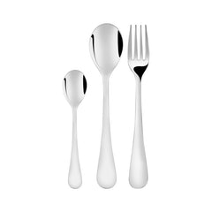 Polished stainless steel fork, tablespoon, and teaspoon aligned vertically on a bright white background.