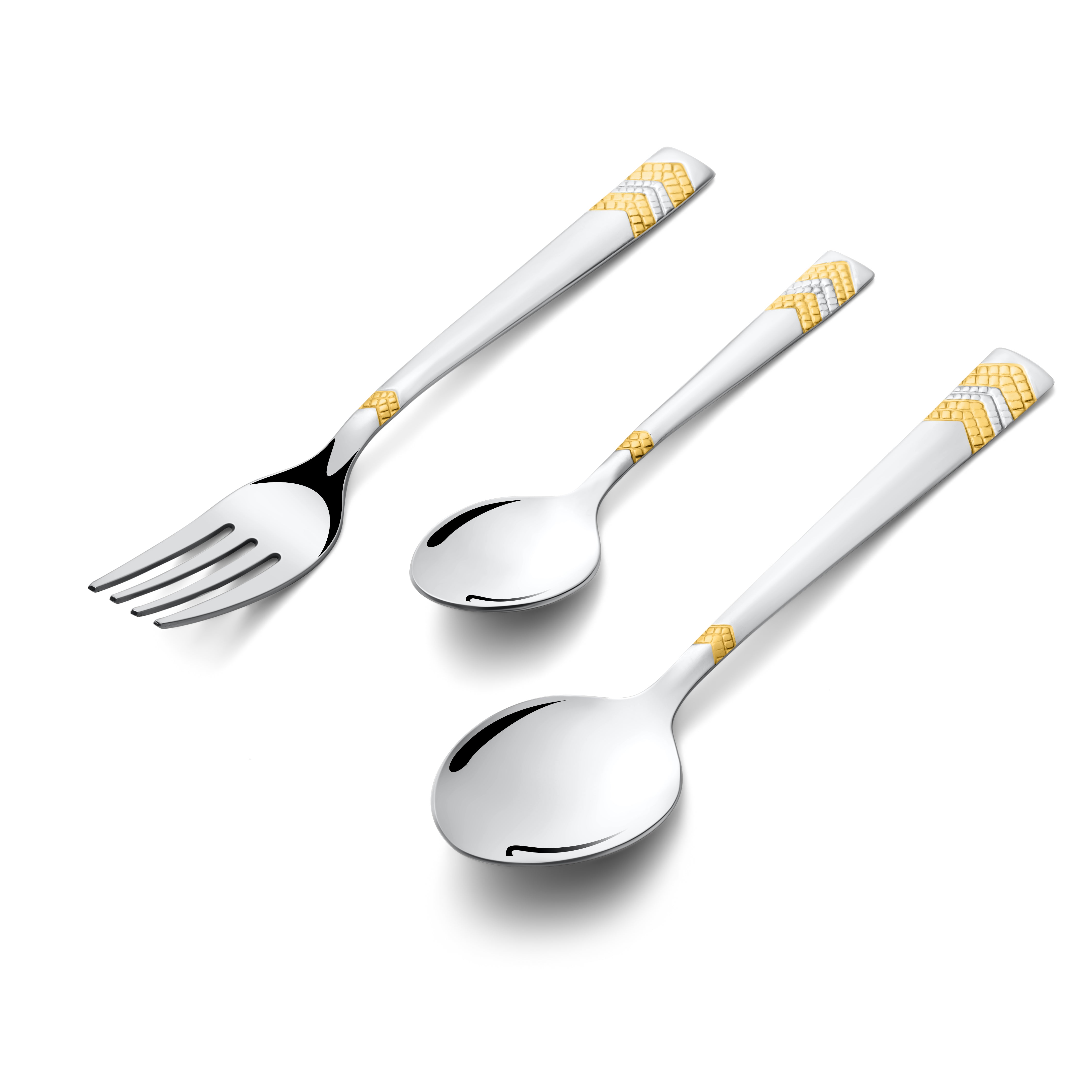 Fork and two spoons with gold-patterned handles displayed diagonally on a clean white background.