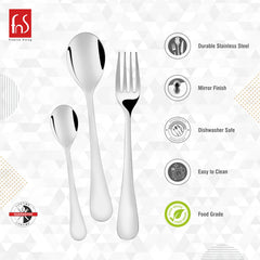 Three silver cutlery items with icons highlighting features like food safety and mirror finish.