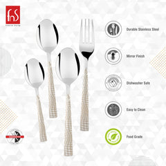 Premium cutlery set shown with icons highlighting stainless steel, mirror finish, and dishwasher safety.