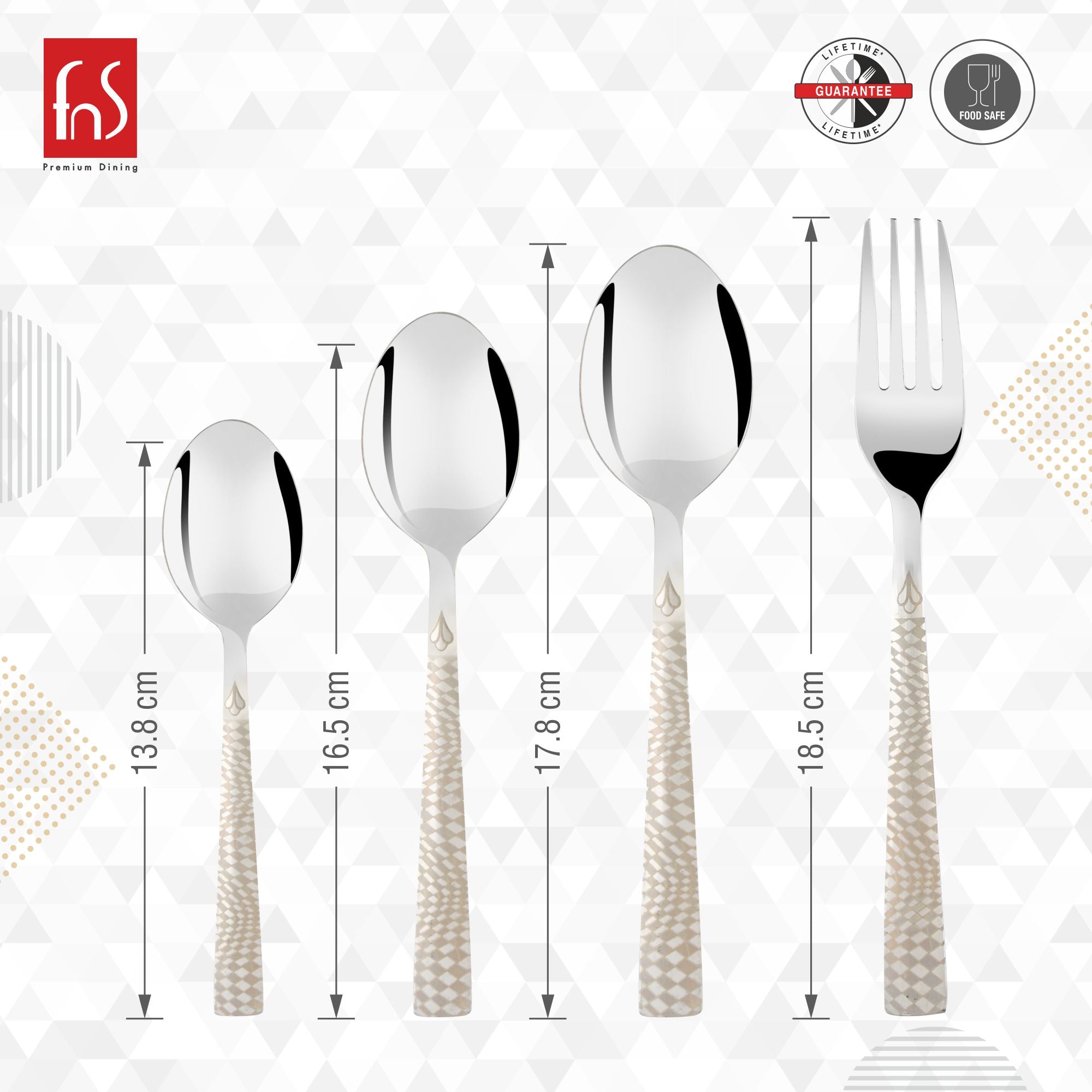 Cutlery set displayed with precise height measurements: teaspoons, tablespoons, and fork shown with labeled dimensions.