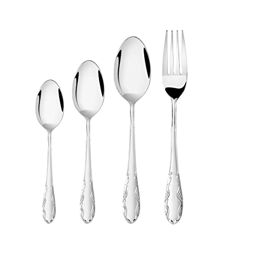 Isolated stainless steel cutlery set with classic engraved handles on white background in neat alignment.