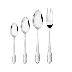 Isolated stainless steel cutlery set with classic engraved handles on white background in neat alignment.