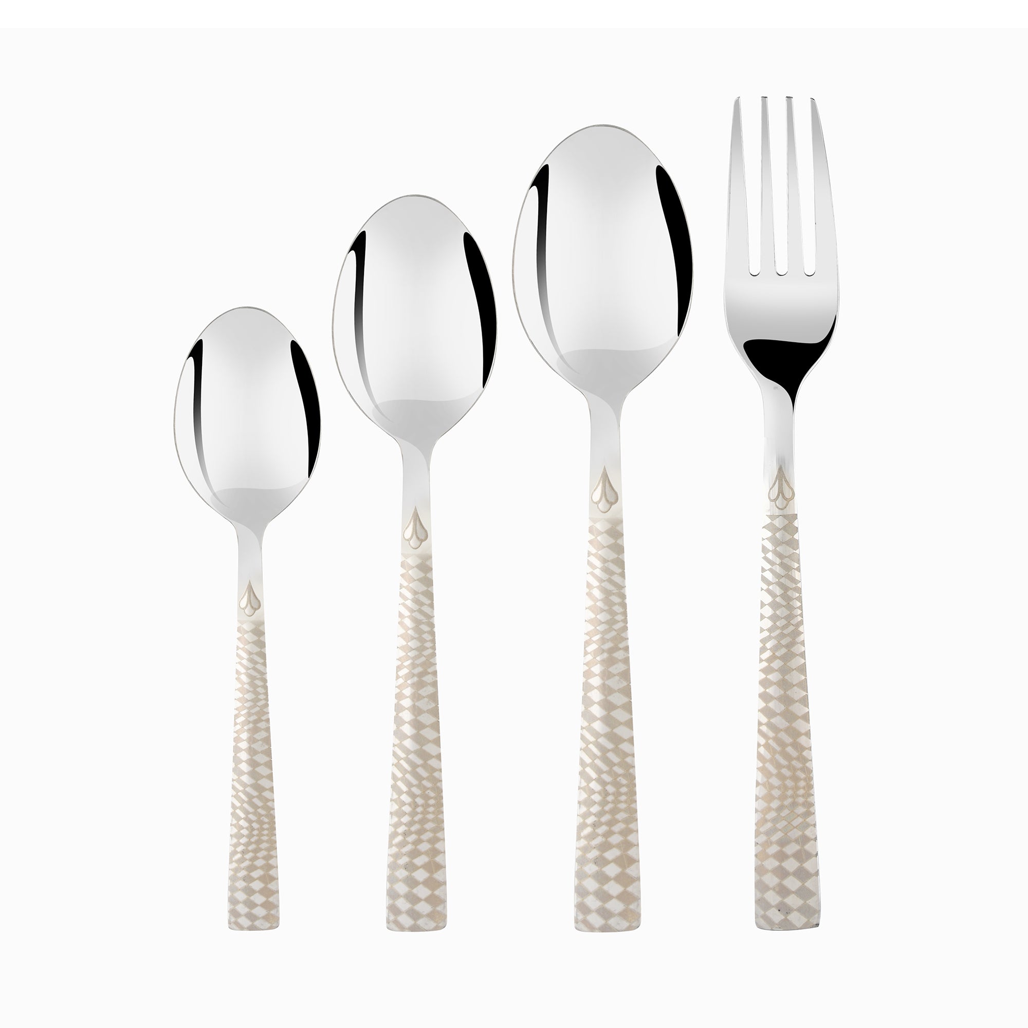 Four-piece cutlery set with checkered handles arranged upright against a solid white background.