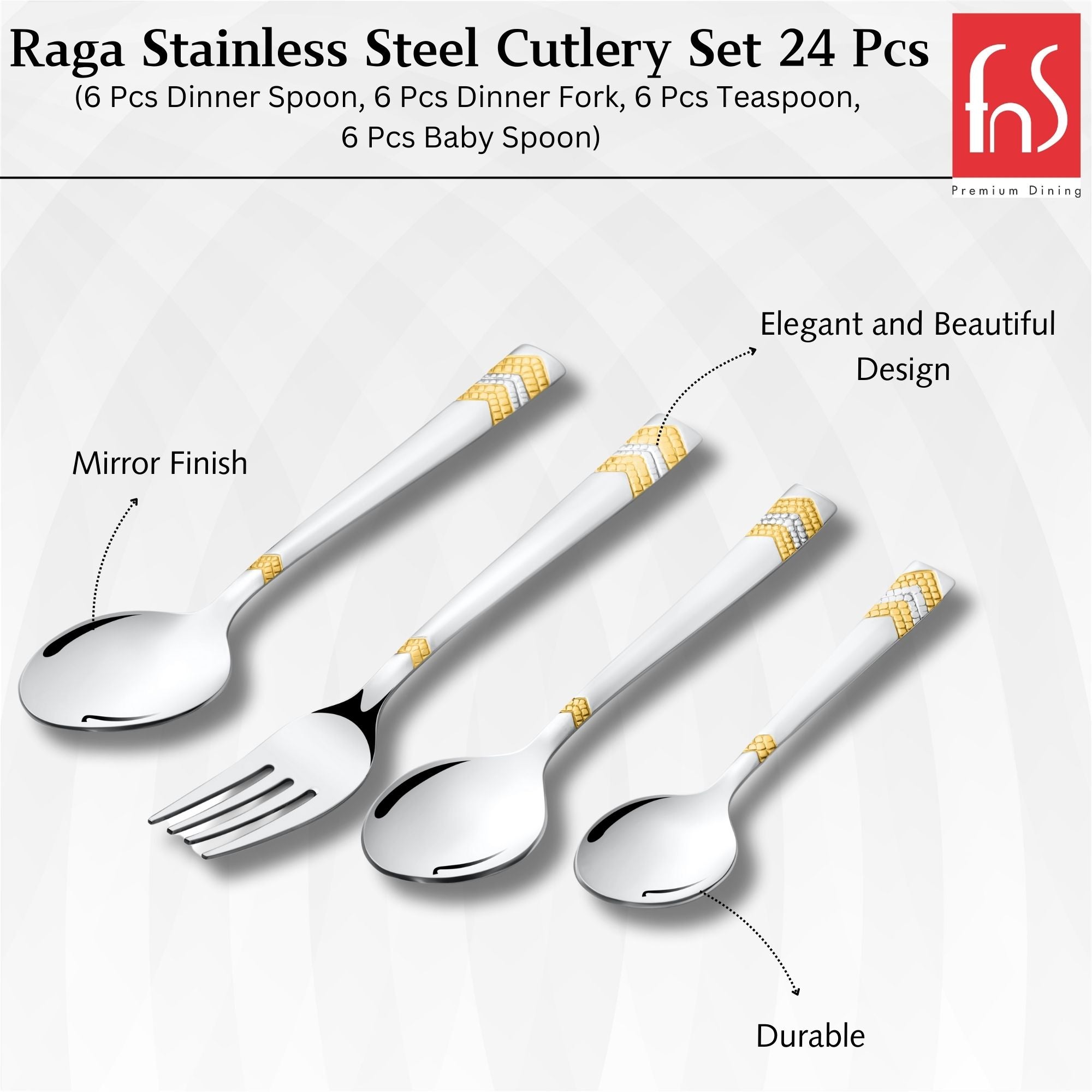 Raga cutlery set with mirror finish, durable build, and elegant gold-accented design on handles.