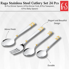 Raga cutlery set with mirror finish, durable build, and elegant gold-accented design on handles.