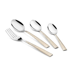 Stylish stainless steel cutlery set with textured ivory handles, arranged diagonally on a clean white background.