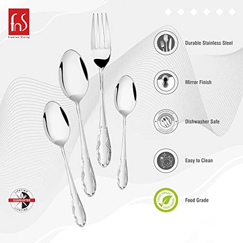 Set of four cutlery pieces with icons showing durable stainless steel, mirror finish, dishwasher safe.