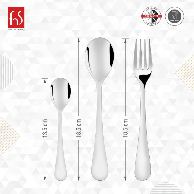 Three silver cutlery pieces with labeled heights in centimeters.
