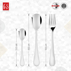 Three silver cutlery pieces with labeled heights in centimeters.