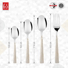 Four-piece cutlery set with dimensions displayed, showing lengths of spoons and fork in centimeters.