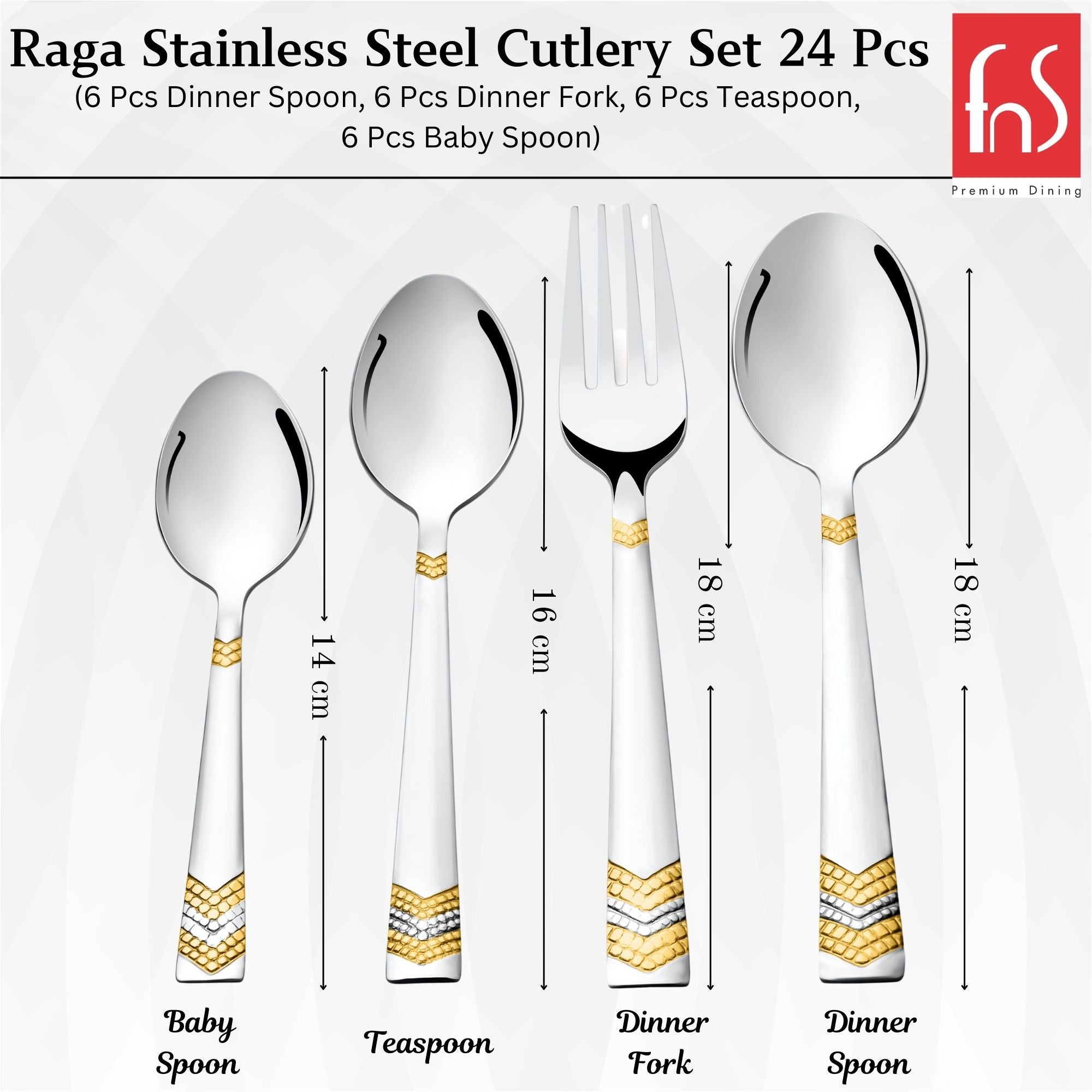 Labeled dimensions of Raga baby spoon, teaspoon, dinner fork, and dinner spoon with gold-accented handles.