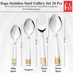 Labeled dimensions of Raga baby spoon, teaspoon, dinner fork, and dinner spoon with gold-accented handles.