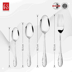 Cutlery pieces with exact measurements in centimeters displayed on white background highlighting design details.