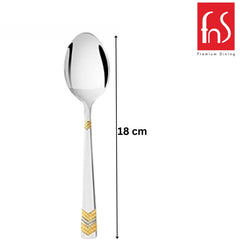 Raga dinner spoon dimensions showing 18 cm length with mirror finish stainless steel bowl and luxurious 24 karat gold plated chevron handle design