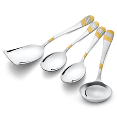 Four silver serving spoons with textured gold handles displayed at an angle on white background.