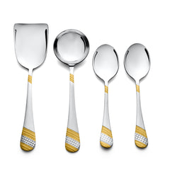 Set of four serving pieces with gold-embossed handles, aligned vertically on a clean white backdrop.