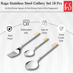 Cutlery set with gold-accented handles displayed with icons showing rust proof, food safe, dishwasher safe.