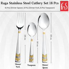 Dinner fork, teaspoon, and dinner spoon displayed vertically with measurements and gold-patterned handles.