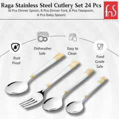 Four Raga cutlery pieces shown with icons highlighting rust proof, dishwasher safe, food safe features.