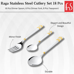 Three stainless steel cutlery pieces shown with labels highlighting mirror finish, durability, and elegant design.