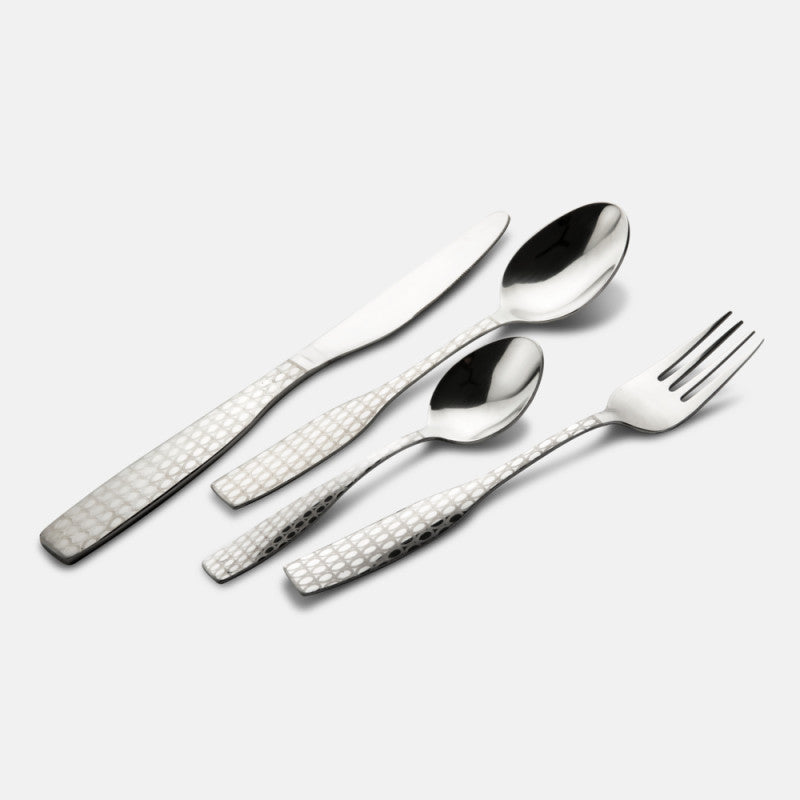 Flatware set featuring hammered-pattern handles displayed in aligned layout on a clean white background.