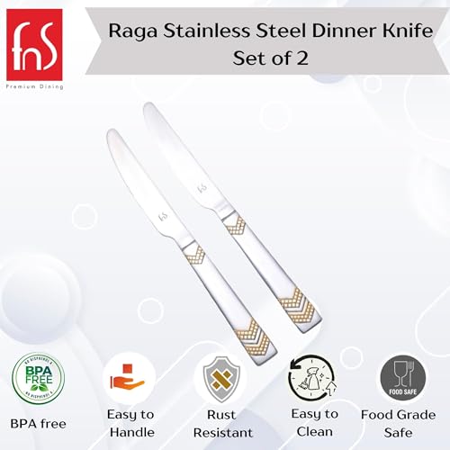 Raga stainless steel dinner knife set of two featuring product benefits: BPA-free, easy to handle, rust-resistant, easy clean, and food-grade safe.