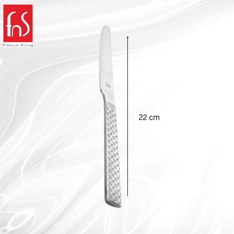 Single FnS Rhombo stainless steel dinner knife measuring 22 centimeters with unique diamond-textured handle design displayed vertically with measurement line.