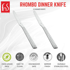 FnS Rhombo Dinner Knife set of two featuring food-grade safe, easy clean, dishwasher safe, mirror finish, durable stainless steel construction.