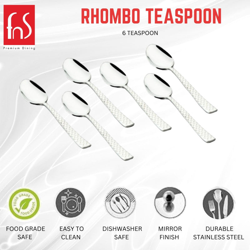 Premium dining rhombo teaspoon set of six, featuring mirror-finish stainless steel construction, dishwasher safe, food grade, easy to clean, and durable design.