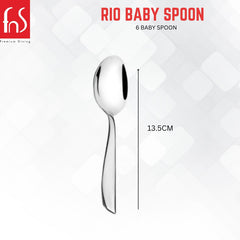 Single Rio baby spoon with measurement showing 13.5 cm length, featuring mirror finish and smooth curved handle design