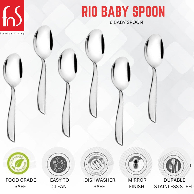 Rio baby spoon 6-piece set infographic showing food grade safe, easy to clean, dishwasher safe, mirror finish, and durable stainless steel features